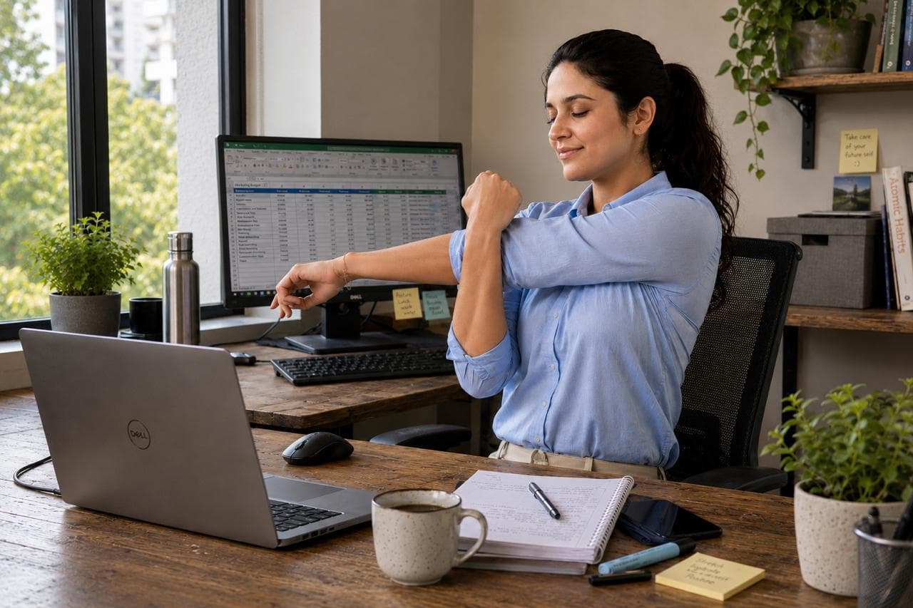 A person taking a gentle shoulder stretch at their desk.