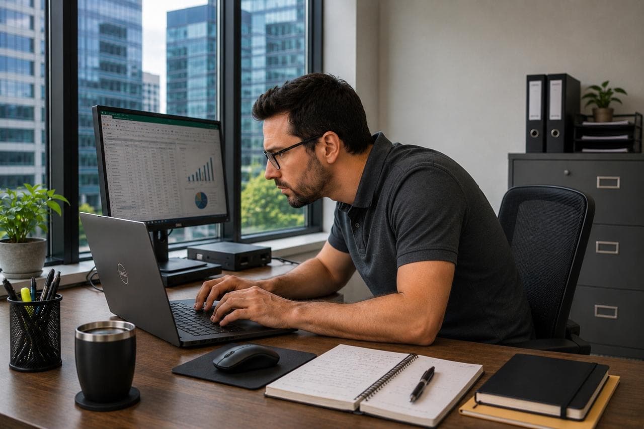 A person leaning in toward a screen, showing the rounded, forward-head posture common after long desk work.