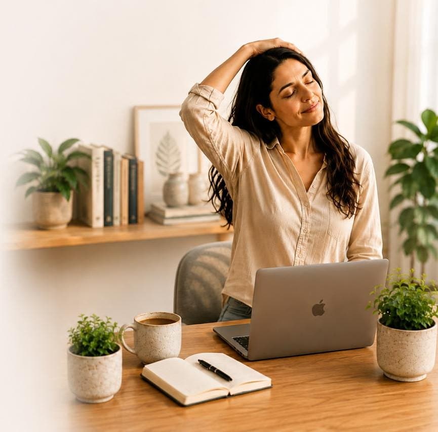 A person taking a gentle neck stretch at a calm, sunlit desk