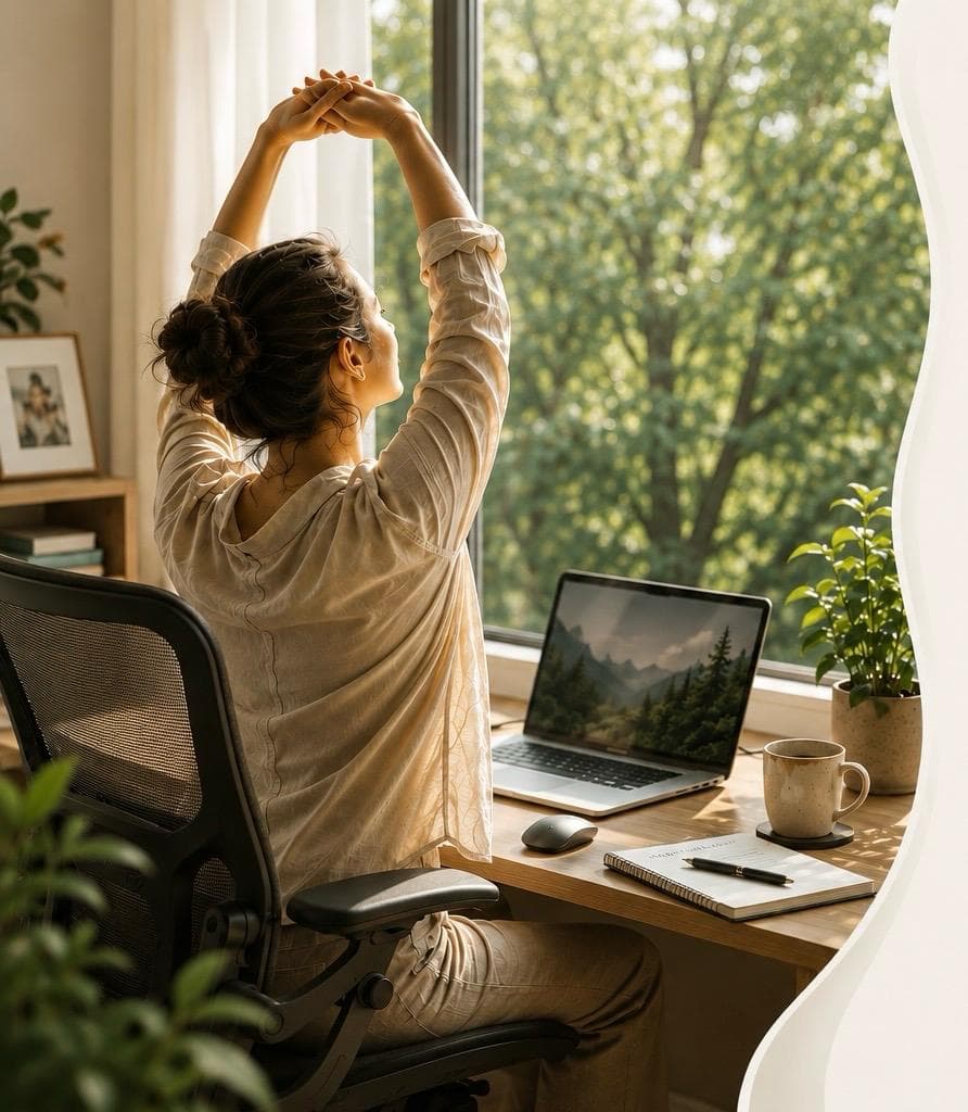 A person standing to stretch beside a sunlit desk