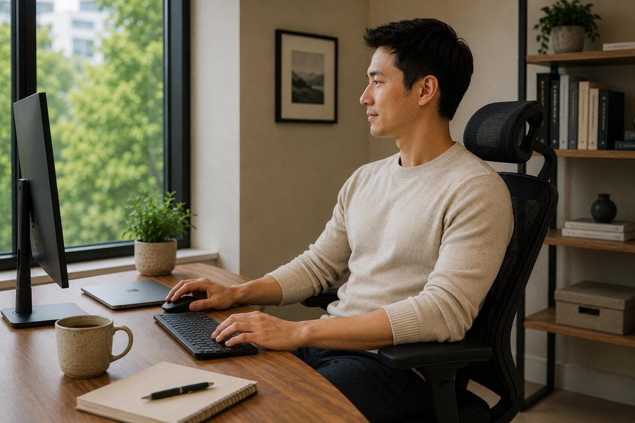 A calm, well-arranged desk with the monitor at eye level and a supportive chair.