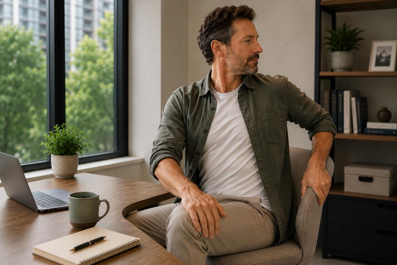 A person gently easing their lower back with a seated twist at a desk.
